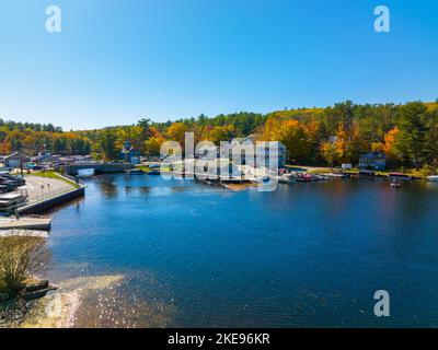 Alton Bay at Lake Winnipesaukee aerial view on Harmony Park and village of Alton Bay in fall in town of Alton, New Hampshire NH, USA. Stock Photo