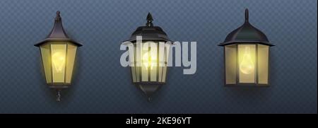 realistic vector icon. Outdoor wall garden light lamps collection in different styles. Street light. Old style metal electricity lamp. Stock Vector