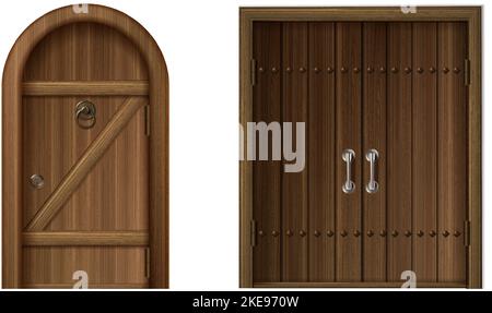 realistic vector icon set. Old antique wooden doors with golden and hrome handles, arched and square. Stock Vector