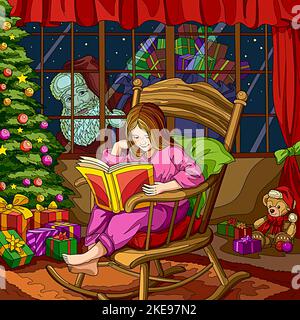 Merry Christmas, illustration of a girl reading a book on christmas eve and being looked at by santa claus from the window Stock Photo
