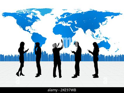 Silhouette image, business people hold smartphone with map world  concept hi tech technology connection online vector illustration Stock Vector