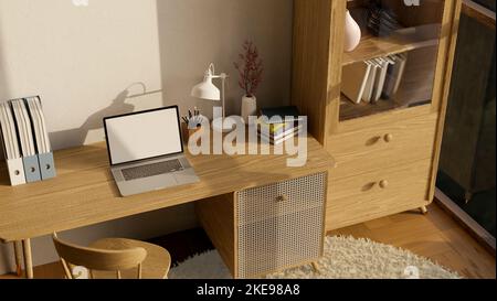 Minimal Scandinavian home working space design with laptop white screen mockup and supplies on minimal wood table, wood shelf, wood chair and minimal Stock Photo