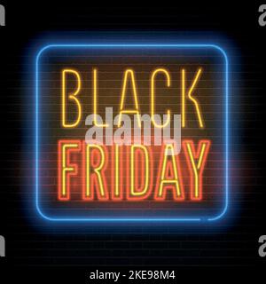 Black Friday sale retro advert neon light on dark background. Stylish discounts realistic red yellow vector letters with blue outline. Luxury store special price offer banner template. Stock Vector