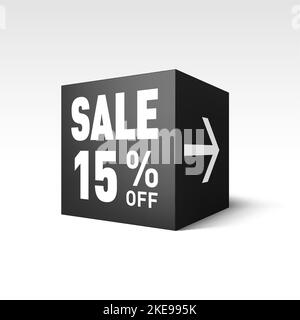 Black Cube Banner Template for Holiday Sale Event. Fifteen Percent off Discount Stock Vector