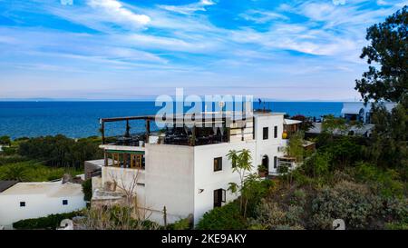 Tthe restaurant Ingrid, Stonnish view over the island and the coastline , Stromboli, Aeolian Islands,(Eolian Islands) , Southern Italy, Europe, Sicily Stock Photo