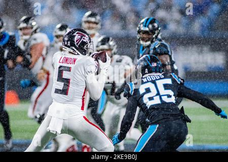 Atlanta Falcons wide receiver Drake London (5) lines up during the first  half of an NFL football game against the Los Angeles Chargers, Sunday, Nov.  6, 2022, in Atlanta. The Los Angeles