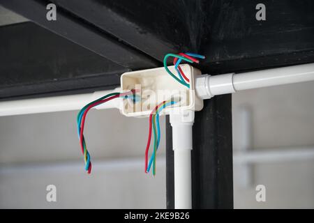 Electrician open cap of PVC electrical box in renovation house. Stock Photo