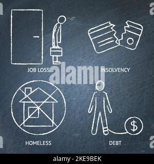 Economic and financial crisis icon set on chalkboard. Bank debt, losing job and home, insolvency symbols. Vector illustration. Stock Vector