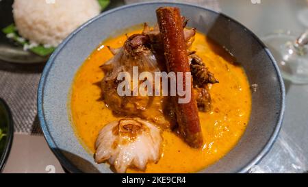Top view at table with Thai food Massaman curry Stock Photo