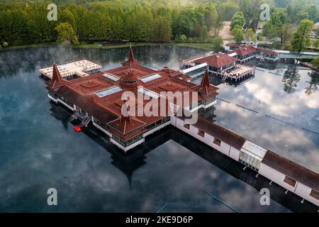 Heviz, Hungary - Aerial view of Lake Heviz, the world’s second largest thermal lake and holiday spa destination at Zala county on a summer morning wit Stock Photo
