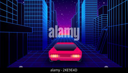 Neon car in 80s synthwave style racing throug the city street. Retrowave auto illustration with shiny neon car on the grid landscape road in 90s Stock Vector
