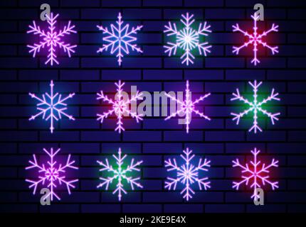 Set of neon snowflakes for Christmas decoration. Neon glowing snowflakes for winter holidays celebration. Collection ofsjiny elements or signs. Stock Vector
