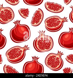 Vector Pomegranate Seamless Pattern, repeating background with cut out illustrations whole and sliced ripe pomegranate, group of flat lay various exot Stock Vector