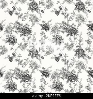 Seamless flower pattern. Vintage vector. Floral background. Black, white, gold. Garden flowers roses, peonies, hydrangea Victorian Style Luxury. Stock Vector
