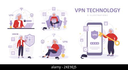 VPN technology collection. Elderly women using virtual private network. Password security. Privacy data protection. Modern software for remote servers Stock Vector