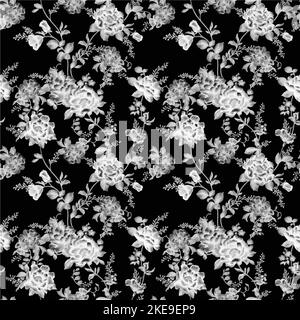 Seamless flower pattern. Vintage vector. Floral background. Black, white, gold. Garden flowers roses, peonies, hydrangea Victorian Style Luxury. Stock Vector