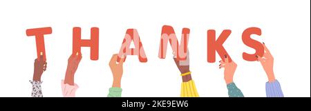 Group of different female hands holding red word Thanks. Diverse multi-ethnic people are together. Vector hand drawn illustration in cartoon style Stock Vector