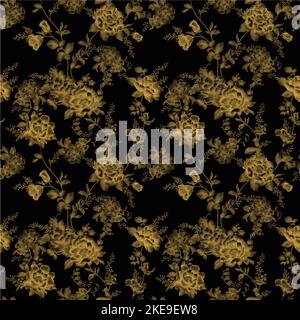Seamless watercolor floral pattern - pink flowers, gold elements, green leaves & branches on white background; for wrappers, wallpapers, and postcards. Stock Vector