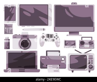 Electronic device laptop radio cassette game object set collection illustration Stock Vector