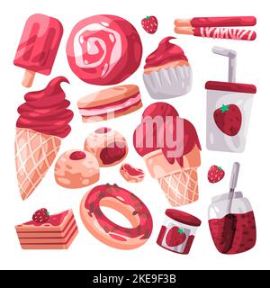 Strawberry sweet cake and sugary dessert red cookies ice cream baked glazed bread collection set Stock Vector