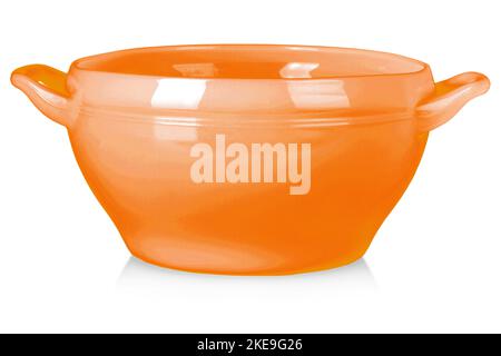 The deep red plate with handles for soup isolated on white background Stock Photo
