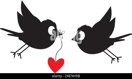 Flying birds silhouettes holding red heart illustration, vector. Fun cartoon art design. Minimalist poster design isolated on white background. Art Stock Vector
