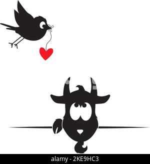 Flying bird silhouette holding red heart and goat illustration, vector. Fun cartoon art design. Minimalist poster design isolated on white background. Stock Vector