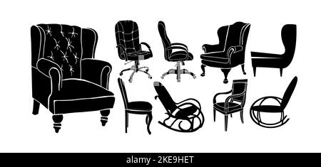 Set of silhouettes of armchairs and chairs. Vector illustration Stock Vector