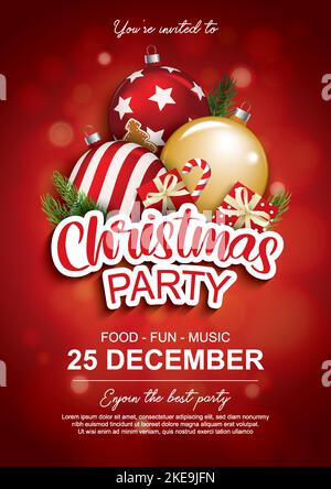 Merry christmas party glass ball and gift box for flyer brochure design on red background invitation theme concept. Happy holiday greeting banner and Stock Vector
