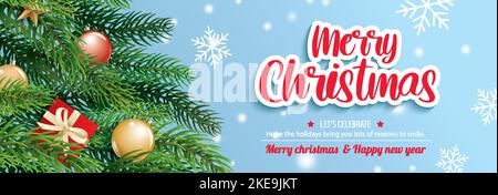 Merry christmas with pine fir lush tree for flyer and brochure design background template. Happy holiday greeting banner and card template. Stock Vector