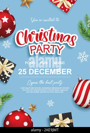 Merry christmas party glass ball and gift box for flyer brochure design on blue background invitation theme concept. Happy holiday greeting banner and Stock Vector