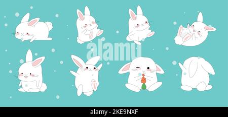 Happy Chinese new year greeting set 2023 with cute rabbits. Animal holidays cartoon character. Translate: rabbit, lucky. Vector illustration Stock Vector
