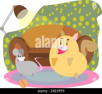 A cat and a mouse rest near the sofa by the light of a lamp Stock Vector