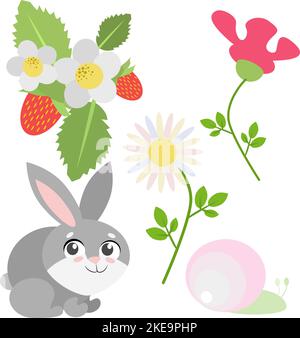 with bunnies and flowers for your decoration illustration Stock Vector