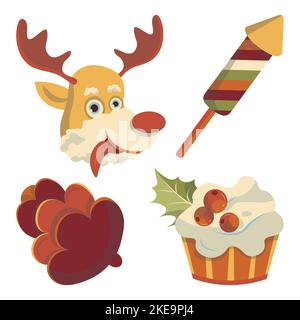 set of compositions for christmas deer shows tongue firecracker christmas cake bump vector Stock Vector