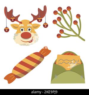 set of compositions for christmas deer with toys on the antlers candy congratulatory letter vector Stock Vector
