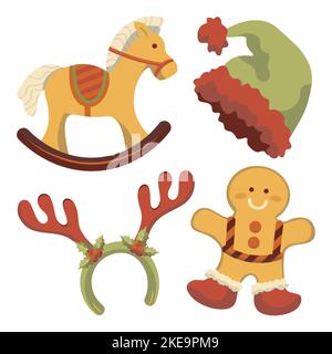 set of compositions for christmas gingerbread santa hat toy rocking horse vector Stock Vector