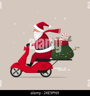 Christmas character Santa Claus on a red scooter with a bag of gifts on the trunk Stock Vector
