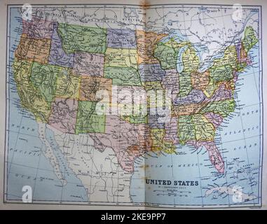 An 1890's map of the United States of America showing old place names  including Indian Territory - Oklahoma, lower California , Dominium of Canada , Assiniboia etc. Stock Photo