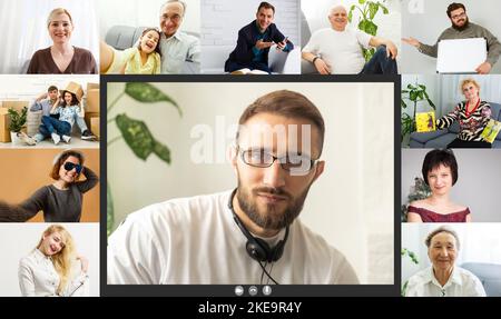 Ask general practitioner online, video call consultation, patient and doctor talk concept. Head shot of mature male therapist share information Stock Photo