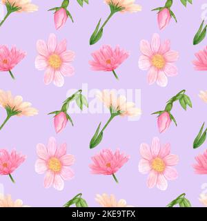 Handdrawn aster seamless pattern. Watercolor pink flowers with green leaves on the purple background. Scrapbook design, typography poster, label, bann Stock Photo