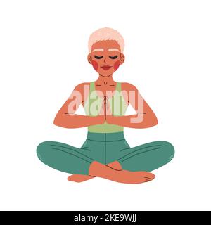 Young black woman sitting in yoga lotus pose. Meditating girl illustration. Yoga woman, meditation, anti-stress Stock Vector
