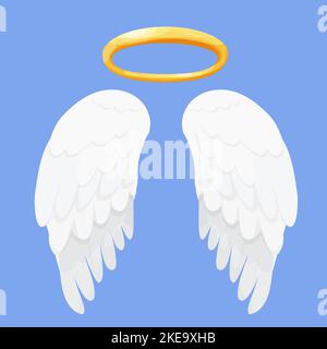 Angel wings white with halo, nimbus in cartoon style isolated on blue background, design element for decoration. Vector illustration Stock Vector