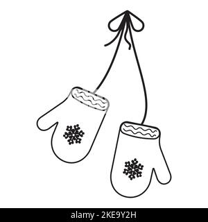 Winter mittens. A pair of knitted Christmas knobs, contour, doodle. Stock Vector
