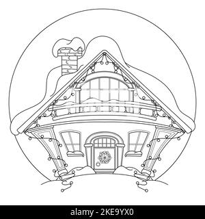 Winter house coloring page. Isolated on white background Stock Vector