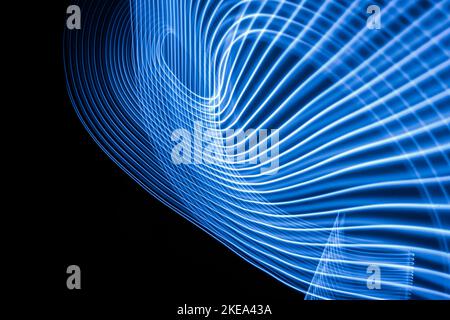 Neon lights glow technology background with flying design elements.  Stock Photo