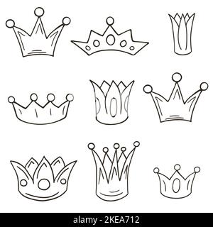 Set of icons and design elements. Illustrations in hand draw style. Crowns. Monochrome Collection of icons, signs, pins, stickers Stock Vector