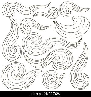 Set of icons and design elements. Illustrations in hand draw style. Waves. Monochrome Collection of icons, signs, pins, stickers Stock Vector