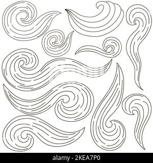 Set of icons and design elements. Illustrations in hand draw style. Waves. Monochrome Collection of icons, signs, pins Stock Vector