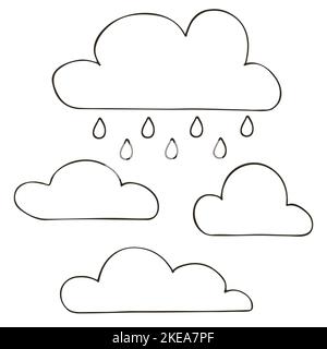 Autumn. Set of vector illustrations in hand drawn style. Monochrome poster with clouds. Collection of icons, stickers Stock Vector
